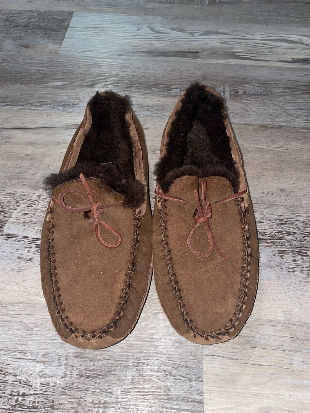 LL Bean Men's Brown Suede Shearling-Lined Slip-On Moccasins Size 13